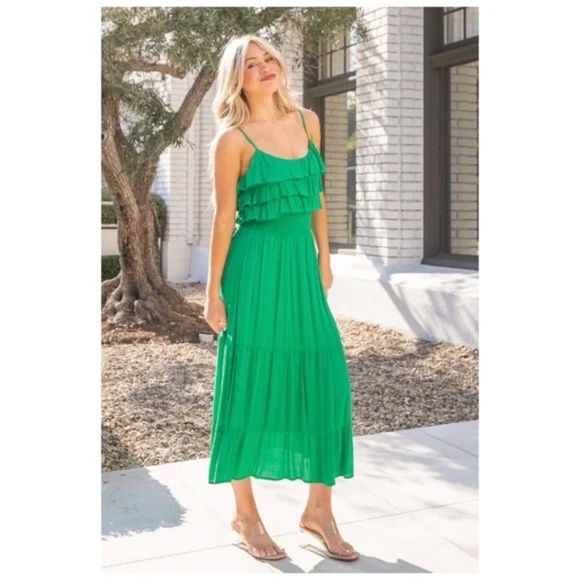 Emerald Green Rayon Gauze Ruffle Smocked Waist Sleeveless Midi Dress - Picture 4 of 6